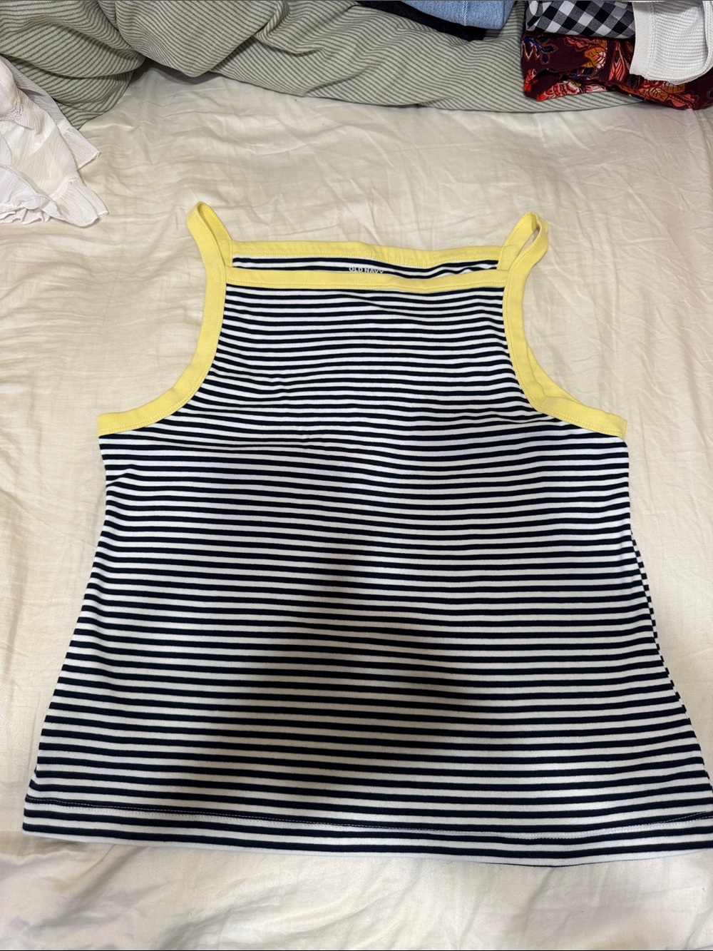 Old Navy Navy and White Striped Tank with Yellow Trim